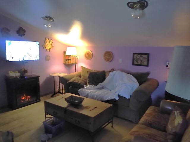 home theater room featuring light carpet and lofted ceiling