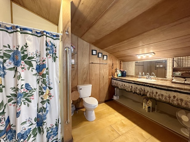 4140 Chavis Rd, Cosby, TN 37722 - full bathroom featuring wooden ceiling, vaulted ceiling, a shower with curtain, vanity, and tile patterned floors