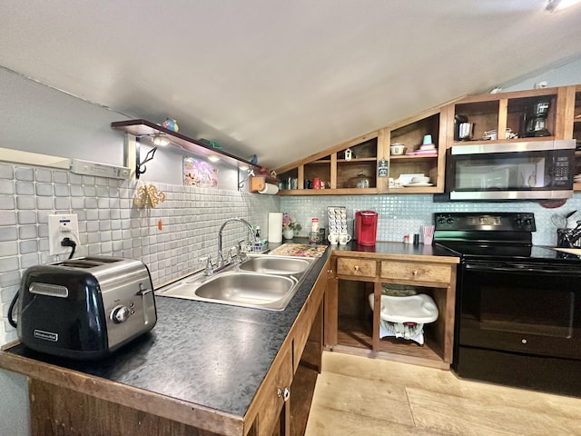 4140 Chavis Rd, Cosby, TN 37722 - kitchen with stainless steel microwave, black electric range, lofted ceiling, dark countertops, and open shelves