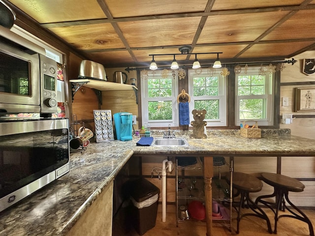 4140 Chavis Rd, Cosby, TN 37722 - kitchen featuring healthy amount of natural light, stainless steel microwave, wood ceiling, and stone countertops
