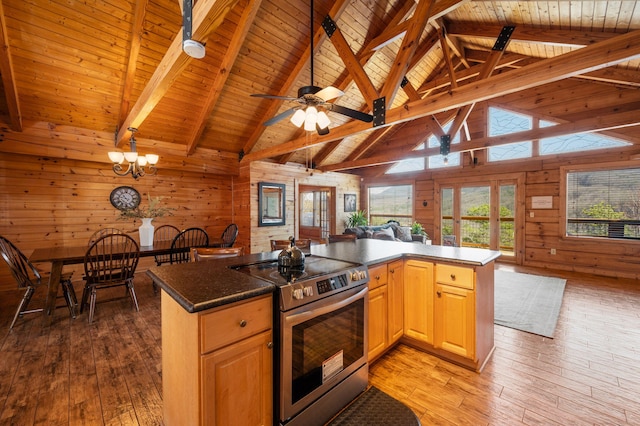 449 Lucerne Way, Gatlinburg, TN 37738 - kitchen with light wood-style flooring, open floor plan, wood walls, and stainless steel range with electric cooktop