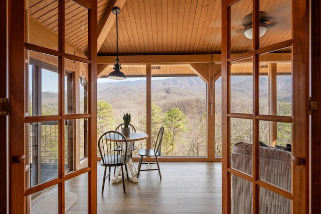 449 Lucerne Way, Gatlinburg, TN 37738 - sunroom featuring a mountain view, wooden ceiling, and vaulted ceiling