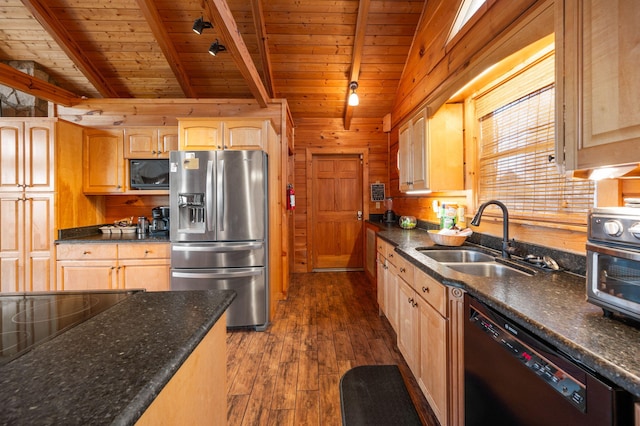 449 Lucerne Way, Gatlinburg, TN 37738 - kitchen with black microwave, dishwasher, wood ceiling, stainless steel fridge, and a sink