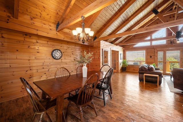 449 Lucerne Way, Gatlinburg, TN 37738 - dining area with beamed ceiling, a notable chandelier, wood finished floors, and wood walls