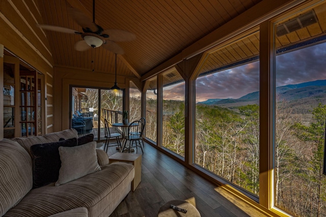 449 Lucerne Way, Gatlinburg, TN 37738 - unfurnished sunroom featuring a mountain view, wood ceiling, a ceiling fan, and vaulted ceiling