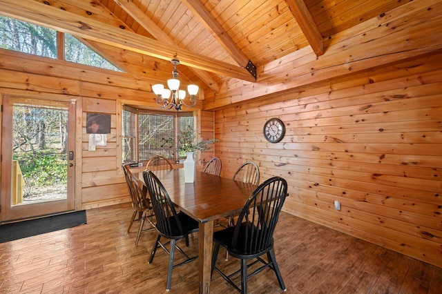 449 Lucerne Way, Gatlinburg, TN 37738 - dining room featuring hardwood / wood-style floors, vaulted ceiling with beams, wood walls, wooden ceiling, and a notable chandelier
