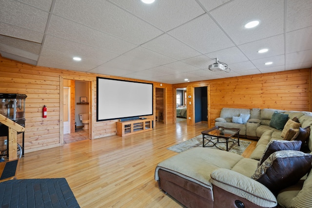 449 Lucerne Way, Gatlinburg, TN 37738 - home theater room featuring recessed lighting, a drop ceiling, wood finished floors, and wood walls