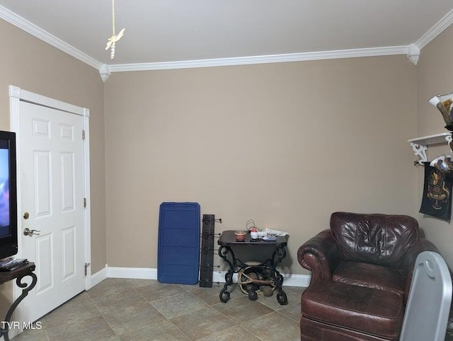 living area featuring crown molding