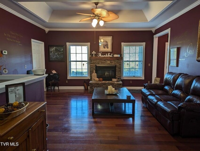 living room featuring ceiling fan, a raised ceiling, and ornamental molding