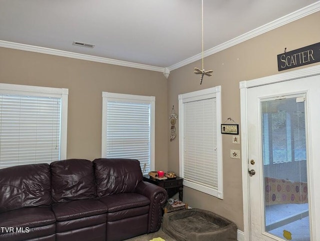 living room with ornamental molding