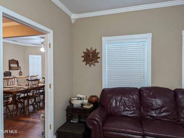 living room with ceiling fan, dark hardwood / wood-style floors, and ornamental molding