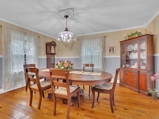 6525 Idumea Rd, Corryton, TN 37721 - dining area with light wood-style floors, plenty of natural light, a wainscoted wall, a chandelier, and ornamental molding