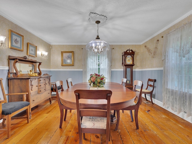 6525 Idumea Rd, Corryton, TN 37721 - dining space with light wood finished floors, a chandelier, a wainscoted wall, and ornamental molding