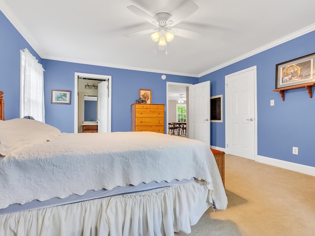 6525 Idumea Rd, Corryton, TN 37721 - bedroom featuring ornamental molding, carpet flooring, baseboards, a ceiling fan, and ensuite bath