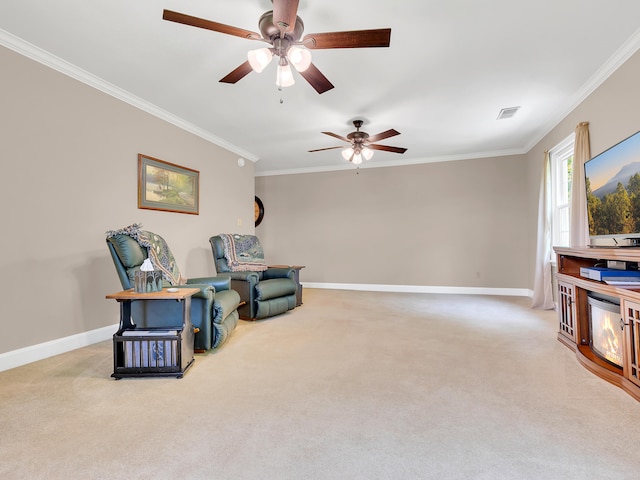 6525 Idumea Rd, Corryton, TN 37721 - sitting room with ornamental molding, carpet, a ceiling fan, and baseboards