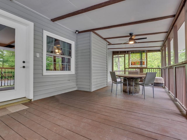 6525 Idumea Rd, Corryton, TN 37721 - sunroom / solarium with ceiling fan, outdoor dining area, and beam ceiling