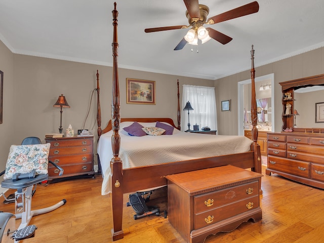 6525 Idumea Rd, Corryton, TN 37721 - bedroom with light wood-type flooring, crown molding, and a ceiling fan