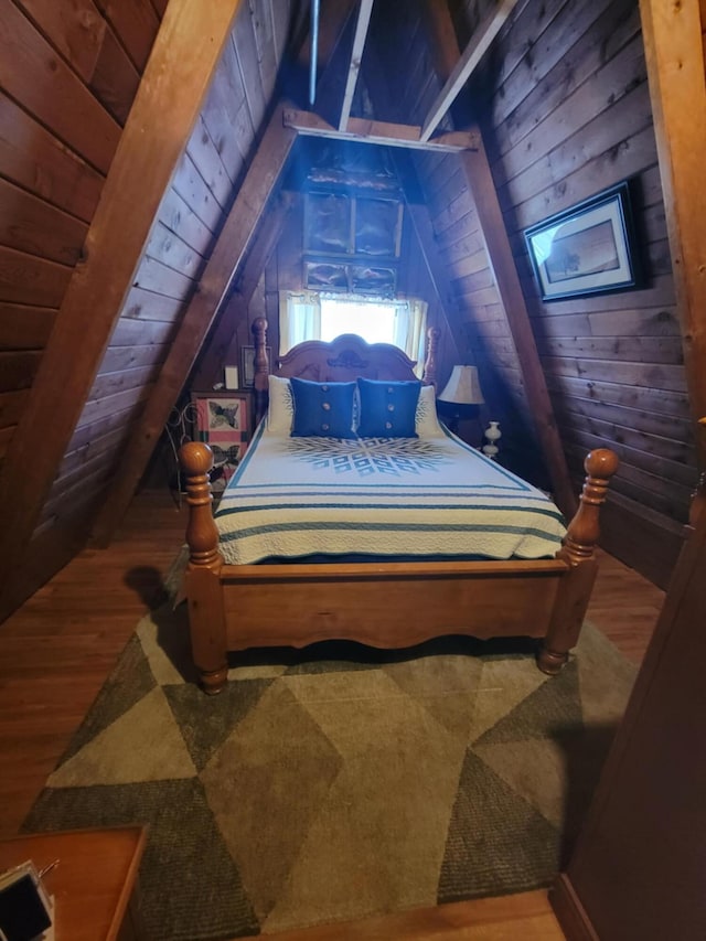 bedroom featuring lofted ceiling with beams and wood ceiling