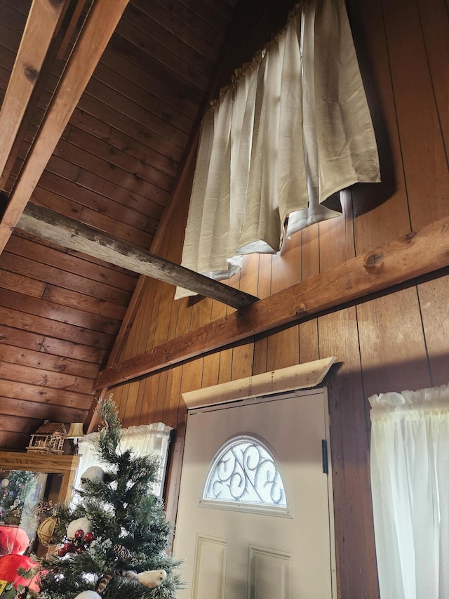 details with wood walls, beam ceiling, and wooden ceiling