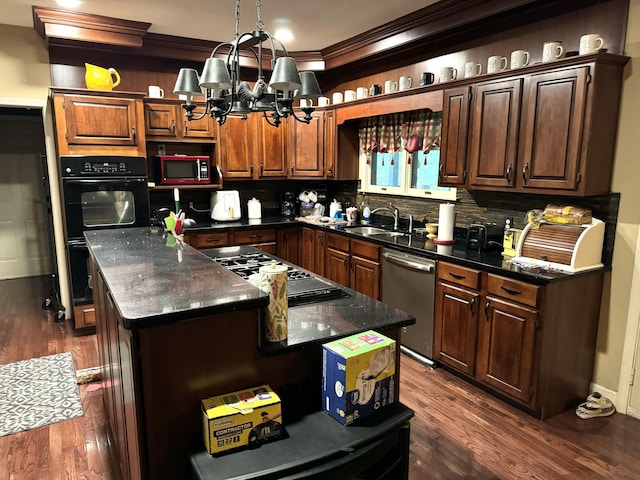 kitchen featuring stainless steel appliances, dark wood-style flooring, a kitchen island, a sink, and open shelves