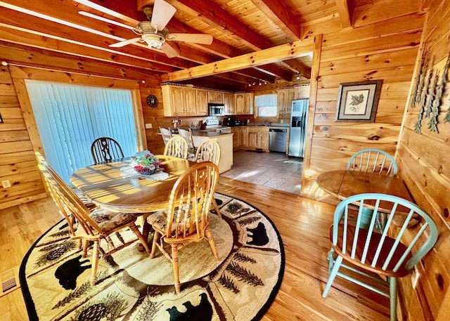 dining space featuring light wood finished floors, wood walls, and beam ceiling