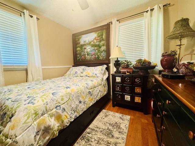 bedroom featuring ceiling fan, multiple windows, and wood finished floors