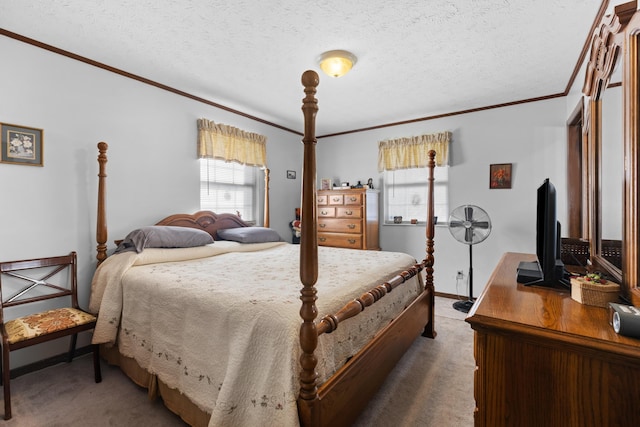 carpeted bedroom with a textured ceiling and crown molding