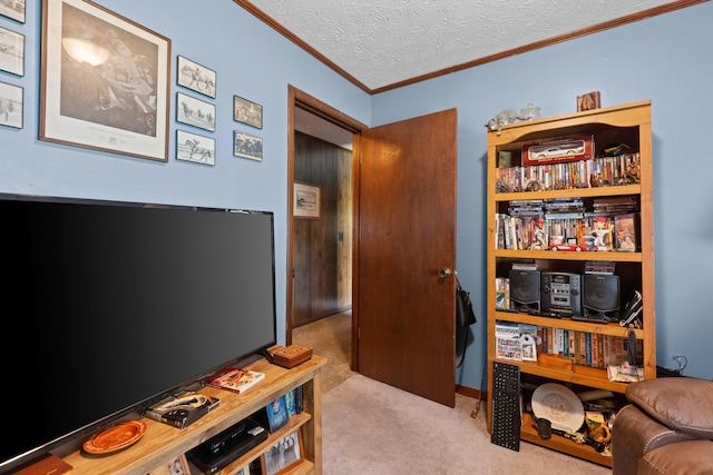 carpeted office space with a textured ceiling and crown molding