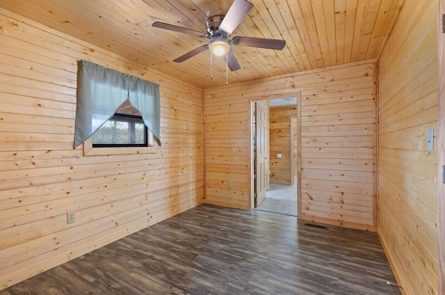 spare room with dark hardwood / wood-style flooring, ceiling fan, wooden ceiling, and wood walls