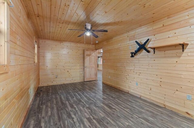 empty room featuring wood ceiling, dark wood-type flooring, and wooden walls