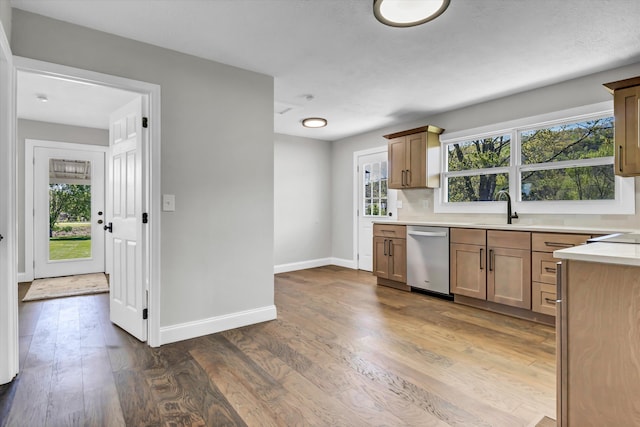 kitchen with stainless steel dishwasher, a sink, baseboards, wood finished floors, and light countertops