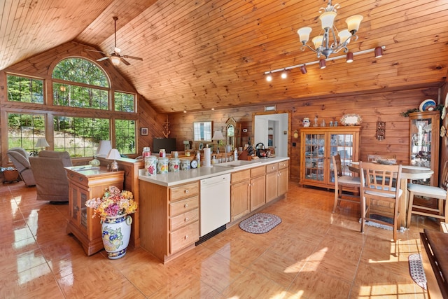 kitchen with pendant lighting, dishwasher, ceiling fan with notable chandelier, wooden walls, and wood ceiling