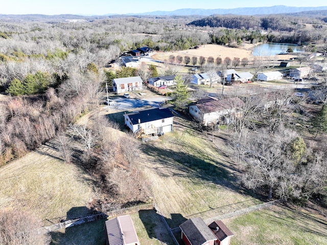 bird's eye view featuring a water and mountain view