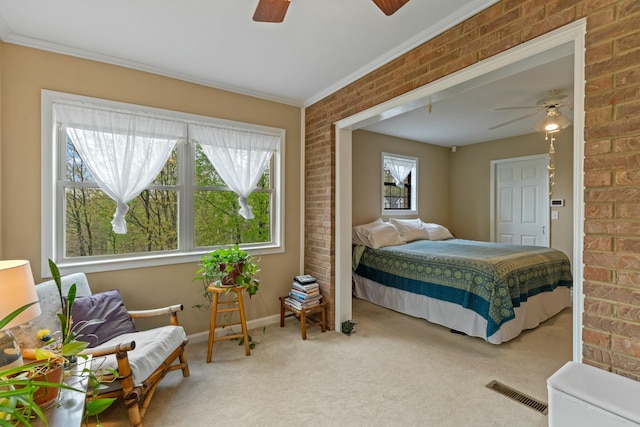 961 Woodway Dr, Morristown, TN 37814 - carpeted bedroom with baseboards, brick wall, crown molding, visible vents, and ceiling fan