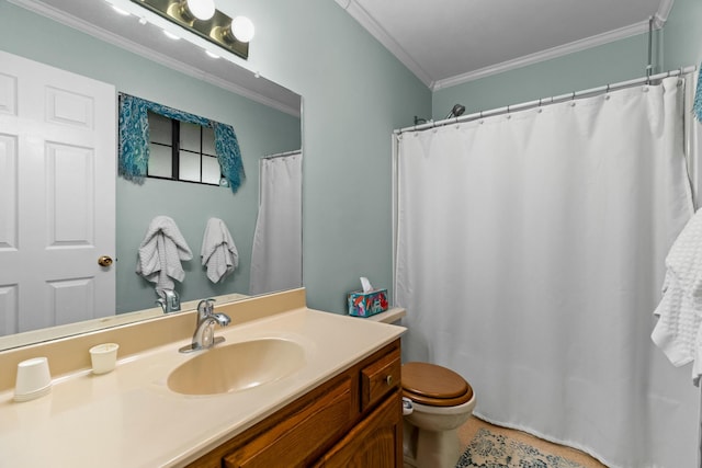 961 Woodway Dr, Morristown, TN 37814 - bathroom with vanity, tile patterned flooring, a shower with curtain, crown molding, and toilet