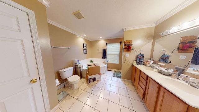 bathroom with tile patterned floors, ornamental molding, a washtub, vanity, and toilet