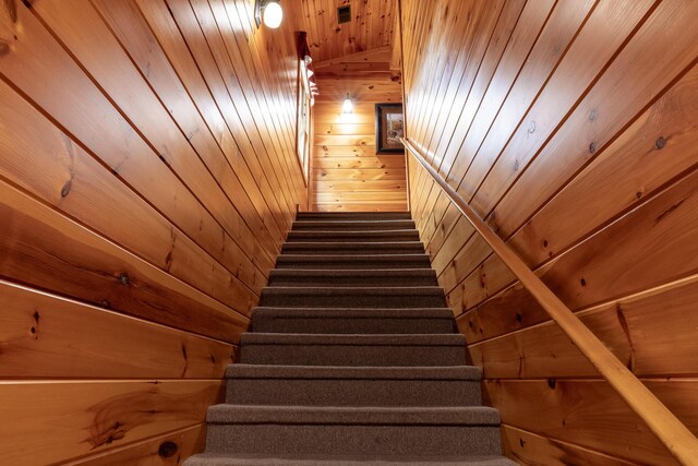 stairway with wooden walls and wood ceiling