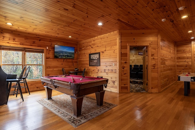 game room featuring wood walls, wood-type flooring, billiards, and wooden ceiling