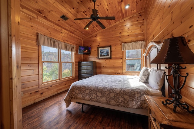 bedroom with multiple windows, vaulted ceiling, ceiling fan, and wood ceiling