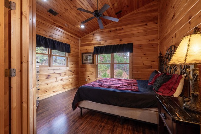 bedroom with wood walls, lofted ceiling, dark wood-type flooring, wooden ceiling, and ceiling fan