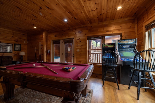 playroom featuring wood-type flooring, wood ceiling, wood walls, and pool table