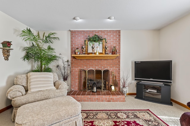 10741 Rutledge Pike, Blaine, TN 37709 - carpeted living room featuring a brick fireplace and baseboards