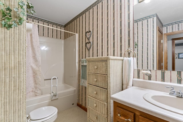 10741 Rutledge Pike, Blaine, TN 37709 - bathroom featuring wallpapered walls, vanity, shower / bathtub combination with curtain, and toilet