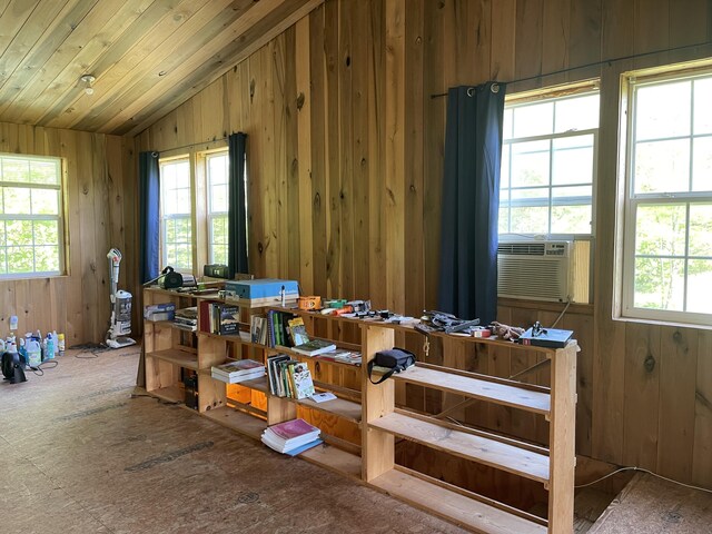 4750 Laws Rd, Del Rio, TN 37727 - dining area with healthy amount of natural light, lofted ceiling, wood walls, wood ceiling, and cooling unit