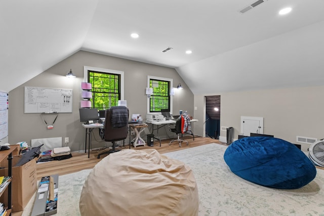 1670 Bays Mountain Rd, New Market, TN 37820 - home office featuring lofted ceiling, visible vents, and wood finished floors
