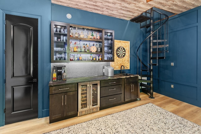 1670 Bays Mountain Rd, New Market, TN 37820 - bar with a sink, indoor bar, wine cooler, light wood-type flooring, and wood ceiling