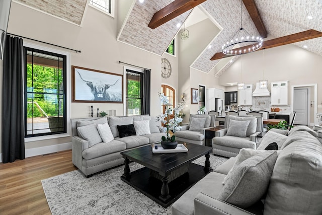 1670 Bays Mountain Rd, New Market, TN 37820 - living room featuring a healthy amount of sunlight, beam ceiling, a chandelier, and high vaulted ceiling