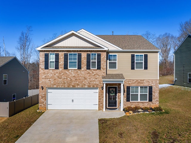 view of front facade with a garage, brick siding, fence, driveway, and a front lawn