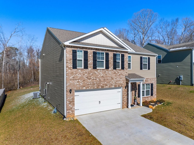 view of front of house featuring driveway, brick siding, and a front yard