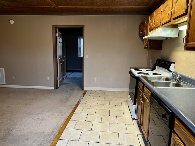 2481 Elk Way, Newport, TN 37821 - kitchen with under cabinet range hood, black dishwasher, electric range, a sink, and brown cabinetry